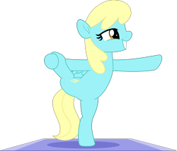 Size: 5000x4282 | Tagged: safe, artist:jhayarr23, imported from derpibooru, sassaflash, pegasus, pony, background pony, bipedal, commission, female, mare, simple background, smiling, solo, standing, standing on one leg, stretching, transparent background, ych result, yoga, yoga mat, yoga pose
