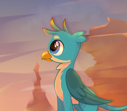Size: 1000x878 | Tagged: artist needed, source needed, safe, imported from derpibooru, gallus, griffon, the hearth's warming club, cute, folded wings, gallabetes, male, rock, smiling, solo, sunset, wings