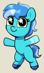 Size: 1024x1680 | Tagged: safe, artist:heretichesh, imported from derpibooru, oc, oc:saltwater toffy, earth pony, pony, beige background, bipedal, cute, female, filfil, filly, foal, looking at you, ocbetes, roller skates, simple background, smiling, smiling at you, smol, solo, traditional art, underhoof