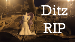 Size: 4000x2250 | Tagged: safe, imported from derpibooru, rarity, pony, album cover, comments locked down, in memoriam, irl, military, murder, night, photo, plushie, solo, tank (vehicle)