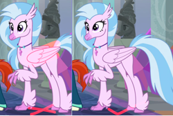 Size: 1210x813 | Tagged: safe, edit, edited screencap, imported from derpibooru, screencap, silverstream, sunburst, hippogriff, pony, unicorn, season 9, the last problem, spoiler:s09, duality, duo, duo male and female, female, female focus, folded wings, male, offscreen character, offscreen male, older, older silverstream, older sunburst, smiling, solo focus, stallion, wings