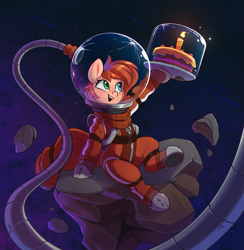 Size: 1639x1677 | Tagged: safe, artist:rexyseven, imported from derpibooru, oc, oc only, oc:rusty gears, pony, birthday, cake, food, heterochromia, solo, space, space helmet, spacesuit