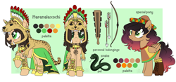 Size: 9200x4300 | Tagged: safe, artist:elberas, imported from derpibooru, oc, oc only, oc:marenalaxochi, oc:pancita, pegasus, pony, snake, unicorn, absurd resolution, arrow, aztec, boots, bow, bracelet, cape, clothes, duo, eye scar, feather, female, freckles, headress, hoof shoes, horn, horn ring, jaguar, jewelry, lesbian, mare, oc x oc, open mouth, pelt, poncho, reference sheet, ring, robe, scar, shipping, shoes, socks, sombrero, sword, tattoo, weapon