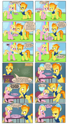 Size: 4108x7616 | Tagged: safe, artist:greenbrothersart, imported from derpibooru, meadow flower, spitfire, pegasus, pony, angry, button, classroom, clothes, comic, duo, duo female, female, hoof in mouth, mare, rainbow waterfall, runway, speech bubble, spitting, tongue out, uniform, wonderbolt trainee uniform, wonderbolts dress uniform, yelling