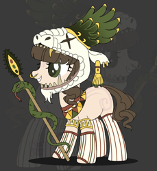 Size: 3384x3688 | Tagged: safe, artist:elberas, imported from derpibooru, oc, oc only, oc:chicomecoatl, earth pony, pony, snake, aztec, clothes, ear piercing, earring, feather, female, fingerless gloves, gloves, grin, headress, jewelry, mare, markings, nose piercing, nose ring, piercing, regalia, smiling, socks, solo, spear, stockings, striped socks, thigh highs, weapon