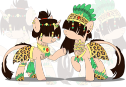Size: 5312x3700 | Tagged: safe, artist:elberas, imported from derpibooru, oc, oc only, oc:li-ome, oc:pat-ome, dracony, dragon, earth pony, hybrid, pony, unicorn, aztec, belt, clothes, duo, ear piercing, earring, fangs, female, hair over eyes, headress, hoof shoes, horn, horn ring, jewelry, leonine tail, mare, markings, necklace, piercing, raised hoof, regalia, ring, siblings, sisters, skirt, tail, tattoo, twins, zoom layer
