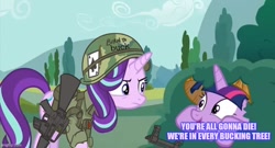 Size: 800x433 | Tagged: safe, edit, edited screencap, imported from derpibooru, screencap, starlight glimmer, twilight sparkle, pony, no second prances, assault rifle, bush, clothes, duo, gun, helmet, historical roleplay starlight, m16, military uniform, rifle, soldier, twilight bushel, uniform, vietnam, vietnam war, weapon