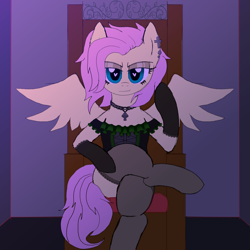 Size: 3500x3500 | Tagged: safe, artist:legendoflink, imported from derpibooru, fluttershy, pegasus, pony, alternate hairstyle, chair, choker, clothes, corset, crossed legs, ear piercing, female, fluttergoth, looking at you, mare, piercing, short mane, simple background, sitting, solo, spread wings, stockings, thigh highs, wingding eyes, wings