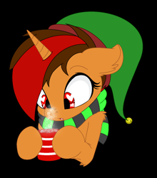 Size: 1148x1304 | Tagged: safe, artist:emilz-the-half-demon, imported from derpibooru, oc, oc only, oc:pyre quill, unicorn, black background, chocolate, clothes, cup, food, hat, heart, heart eyes, hot chocolate, red eyes, scarf, simple background, solo, striped scarf, wingding eyes
