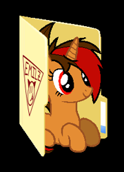 Size: 223x309 | Tagged: safe, artist:emilz-the-half-demon, imported from derpibooru, oc, oc:pyre quill, pony, unicorn, black background, female, folder, folder icon, lying down, mare, prone, simple background, smiling