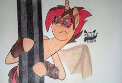 Size: 1085x736 | Tagged: safe, artist:emilz-the-half-demon, imported from derpibooru, oc, oc only, oc:zemzy rose oakheart, bat pony, unicorn, clothes, leg warmers, solo, split personality, traditional art