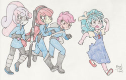 Size: 1122x712 | Tagged: safe, artist:bageloftime, imported from derpibooru, apple bloom, cozy glow, scootaloo, sweetie belle, human, equestria girls, chase, cutie mark crusaders, equestria girls-ified, group, ninja, quartet, running, teary eyes, traditional art