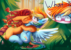 Size: 1323x935 | Tagged: safe, artist:chaosangeldesu, imported from derpibooru, rainbow dash, oc, oc:roarke, earth pony, pegasus, pony, fanfic:austraeoh, braid, braided tail, canon x oc, duo, female, kiss on the lips, kissing, lesbian, rainboarke, surprise kiss, tail