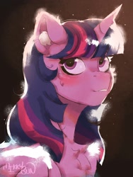 Size: 1152x1536 | Tagged: safe, artist:mikkybun, imported from derpibooru, twilight sparkle, alicorn, pony, blushing, bust, chest fluff, cute, ear fluff, female, grin, looking up, mare, signature, smiling, solo, twiabetes, twilight sparkle (alicorn)