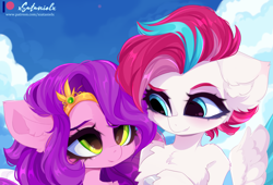 Size: 3957x2689 | Tagged: safe, artist:xsatanielx, imported from derpibooru, pipp petals, zipp storm, pegasus, pony, chest fluff, duo, ear fluff, female, floppy ears, g5, headband, jewelry, mare, patreon, patreon logo, pipp is short, regalia, sky background