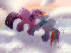 Size: 2532x1910 | Tagged: safe, artist:xxhanachanxx, imported from derpibooru, rainbow dash, twilight sparkle, alicorn, pegasus, pony, cloud, eyes closed, female, kissing, lesbian, shipping, twidash, twilight sparkle (alicorn)