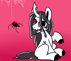 Size: 1192x1018 | Tagged: safe, artist:paperbagpony, imported from derpibooru, oc, oc:neeble, black widow, monster pony, original species, spider, black saliva, black sclera, cloven hooves, crooked horn, drool, gooey, horn, long ears, looking back, male, multiple eyes, red eyes, scar, spider web, tail, tongue out, wet, wet mane, wet tail