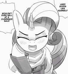 Size: 2709x2950 | Tagged: safe, artist:pabbley, edit, imported from derpibooru, rarity, pony, unicorn, blushing, clothes, cute, dialogue, eyebrows, eyes closed, female, grayscale, insult, jacket, manga style, mare, monochrome, open mouth, open smile, scarf, simple background, smiling, solo, speech bubble, talking to viewer, white background