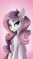 Size: 1136x2048 | Tagged: safe, artist:disarrayedfay, imported from derpibooru, part of a set, sweetie belle, pony, unicorn, ear fluff, eyebrows, female, looking at you, mare, older, older sweetie belle, raised eyebrow, raised hoof, smiling, smiling at you, solo