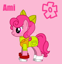 Size: 400x410 | Tagged: safe, artist:vapinhotpink, imported from derpibooru, earth pony, pony, pony creator, ami onuki, bow, bracelet, clothes, deviantart watermark, female, flower, girly girl, hair bow, hi hi puffy ami yumi, jewelry, mare, obtrusive watermark, pink, pink background, ponified, rule 85, shirt, shoes, simple background, smiling, text, vest, watermark