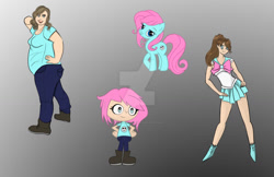 Size: 1024x663 | Tagged: safe, artist:eticketgirl, imported from derpibooru, oc, oc only, earth pony, human, pony, bow, clothes, deviantart watermark, female, hi hi puffy ami yumi, mare, obtrusive watermark, pants, ponified, ponytail, sailor moon, sailor scout, shirt, shoes, skirt, skull, smiling, style emulation, watermark