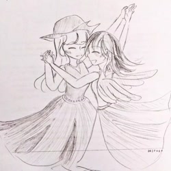 Size: 640x640 | Tagged: safe, artist:snowzaaah, imported from derpibooru, applejack, rainbow dash, human, appledash, appledashdailydoodles, doodle, female, humanized, lesbian, monochrome, pencil drawing, shipping, sketch, traditional art