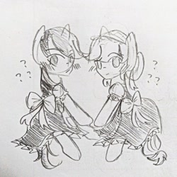 Size: 640x640 | Tagged: safe, artist:snowzaaah, imported from derpibooru, applejack, rainbow dash, earth pony, pegasus, pony, appledash, appledashdailydoodles, clothes, doodle, female, lesbian, maid, monochrome, pencil drawing, shipping, sketch, traditional art