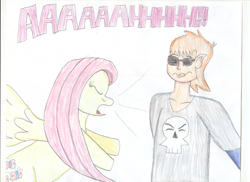 Size: 3510x2550 | Tagged: safe, artist:trainsandcartoons, imported from derpibooru, fluttershy, human, pegasus, pony, 2015, clothes, dialogue, eyes closed, female, glasses, hi hi puffy ami yumi, male, mare, n. stan gatorr, old art, pencil drawing, screaming, shirt, skull, spread wings, story included, sunglasses, text, traditional art, wings