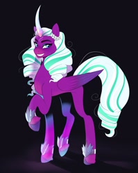 Size: 1826x2292 | Tagged: safe, artist:aztrial, imported from derpibooru, opaline arcana, alicorn, pony, spoiler:g5, spoiler:my little pony: make your mark, curved horn, eyebrows, eyeshadow, female, folded wings, g5, grin, high res, horn, looking at you, makeup, mare, raised hoof, shadow, smiling, smiling at you, solo, wings