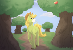 Size: 2500x1700 | Tagged: safe, artist:purplegrim40, imported from derpibooru, oc, oc only, earth pony, pony, apple, apple tree, food, male, solo, stallion, straw in mouth, tree