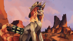 Size: 2560x1440 | Tagged: safe, artist:krapinkaius, derpibooru exclusive, imported from derpibooru, oc, oc only, oc:ayzat, pony, unicorn, cactus, cowboy hat, gun, hat, infinite eclipse, machine gun, mountain, sharp teeth, teeth, weapon, wild west