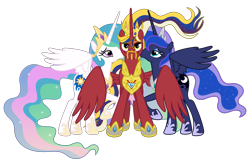 Size: 4321x2902 | Tagged: source needed, safe, anonymous artist, imported from derpibooru, princess celestia, princess luna, oc, oc:king equus, alicorn, pony, alicorn oc, beard, bedroom eyes, brother, brother and sister, canon x oc, cheek kiss, crown, cute, cutelestia, ethereal mane, ethereal tail, eye scar, eyebrows, eyelashes, eyes open, facial hair, family, female, happy, high res, horn, hug, implied fausticorn, jewelry, king, kissing, looking at you, lunabetes, male, mare, moon, moustache, raised hoof, regalia, royal sisters, royalty, scar, siblings, simple background, sister, sisters, smiling, spread wings, stallion, sun, tail, transparent background, wall of tags, white background, winghug, wings