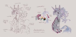 Size: 1199x578 | Tagged: safe, artist:inkhooves, imported from derpibooru, oc, oc only, oc:anabell, original species, pony, unicorn, female, mare, reference sheet, sitting, smiling, solo