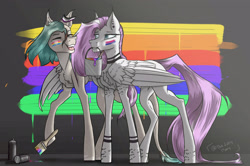 Size: 3119x2071 | Tagged: safe, artist:thelazyponyy, imported from derpibooru, oc, oc only, pegasus, pony, duo, hoof hold, paint, pegasus oc, smiling, wings