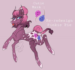 Size: 3222x3000 | Tagged: safe, artist:thelazyponyy, imported from derpibooru, pinkie pie, earth pony, pony, :p, female, mare, pink background, raised hoof, redesign, simple background, solo, tongue out