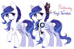 Size: 1280x845 | Tagged: safe, artist:dammmnation, imported from derpibooru, dj pon-3, fluttershy, vinyl scratch, pegasus, pony, duo, eyelashes, fusion, headphones, raised hoof, simple background, smiling, transparent background, wings