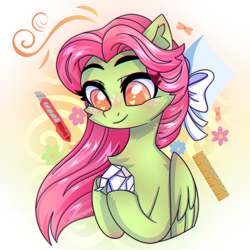 Size: 2500x2500 | Tagged: safe, artist:fluffywhirlpool, imported from derpibooru, oc, oc only, oc:fresh cabbage, pegasus, pony, bow, bust, chest fluff, cute, female, floating wings, freckles, hair bow, looking at something, mare, origami, smiling, solo, wings