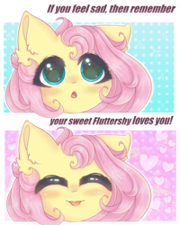 Size: 2000x2500 | Tagged: safe, artist:saltyvity, imported from derpibooru, fluttershy, pegasus, pony, :p, big eyes, blue background, blushing, comics, cute, cute face, cute smile, daaaaaaaaaaaw, ear fluff, embarrassed, face licking, fluffy, green eyes, heart, licking, pink background, pink hair, pink mane, positive ponies, shyabetes, simple background, solo, sweet dreams fuel, tongue out, weapons-grade cute