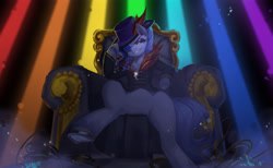 Size: 4872x3000 | Tagged: safe, artist:snail 9, imported from derpibooru, oc, oc only, oc:ray frok, fanfic:rainbow factory, clothes, fanfic art, female, hat, hat tip, jacket, jewelry, liquid rainbow, mare, necklace, not rarity, solo, spectra, throne