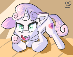 Size: 1529x1200 | Tagged: safe, artist:papacruda09, imported from derpibooru, sweetie belle, pony, unicorn, female, horn, mare, one ear down, simple background, solo