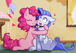 Size: 1084x750 | Tagged: safe, artist:snail 9, imported from derpibooru, pinkie pie, oc, oc:ray frok, earth pony, pony, :3, balloon, cake, cheek to cheek, duo, exclamation point, food, heart, hug, not rarity, sitting, sugarcube corner, window