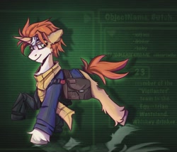 Size: 1471x1261 | Tagged: safe, artist:tasiashoe, imported from derpibooru, oc, pony, unicorn, fallout equestria, amputee, bag, clothes, fallout, fluffy, food, male, orange, prosthetic leg, prosthetic limb, prosthetics, reference, scarf