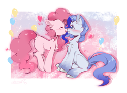 Size: 2178x1585 | Tagged: safe, artist:qamar, imported from derpibooru, pinkie pie, oc, oc:ray frok, earth pony, pony, blushing, boop, canon x oc, chest fluff, duo, floating heart, heart, noseboop, shipping