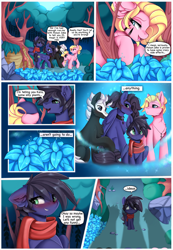 Size: 3054x4409 | Tagged: safe, artist:ritter, imported from derpibooru, oc, oc only, oc:fenris ebonyglow, oc:kara waypoint, oc:kennel nightshade, oc:s.leech, earth pony, pegasus, pony, unicorn, blushing, clothes, comic, dialogue, female, flower, heart, heart eyes, hooves, horn, looking back, male, mare, nature, poison joke, rule 63, scarf, stallion, wingding eyes, wings