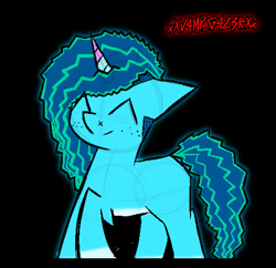 Size: 1001x969 | Tagged: safe, artist:xxv4mp_g4z3rxx, imported from derpibooru, pony, unicorn, spoiler:my little pony: make your mark, ^^, blue coat, eyes closed, female, freckles, g5, mare, misty brightdawn, my little pony: make your mark, signature, solo