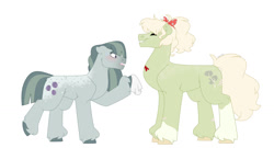 Size: 1280x692 | Tagged: safe, artist:itstechtock, imported from derpibooru, marble pie, oc, oc:cloudy cortland, earth pony, pony, female, mare, mother and child, mother and daughter, not granny smith, offspring, parent:big macintosh, parent:marble pie, parents:marblemac, simple background, white background