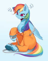 Size: 2200x2800 | Tagged: safe, artist:chrryart06, imported from derpibooru, rainbow dash, pegasus, pony, bound wings, clothes, commission, cuffs, never doubt rainbowdash69's involvement, prison outfit, prisoner rd, solo, sweat, sweatdrop, wings