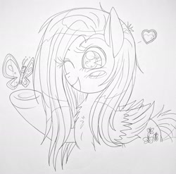 Size: 2126x2102 | Tagged: safe, artist:ponywarlord777, derpibooru exclusive, imported from derpibooru, fluttershy, butterfly, pegasus, pony, anime, cute, floating heart, heart, one eye closed, open mouth, open smile, sketch, smiling, solo