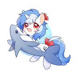 Size: 700x700 | Tagged: safe, artist:dreamsugar, imported from derpibooru, oc, oc only, pony, shark, unicorn, :d, abstract background, blushing, bow, commission, cute, ears, ears up, hair, hair bow, horn, looking at you, mane, ocbetes, open mouth, open smile, plushie, red eyes, shark plushie, simple background, smiling, solo, sparkles, stars, tail, tail bow, white background