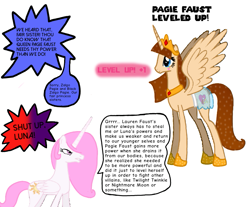 Size: 819x679 | Tagged: safe, artist:mia3193, edit, editor:pagiepoppie12345, imported from derpibooru, princess celestia, oc, oc:pagie fausticorn, alicorn, pony, alicorn oc, angry, clothes, crown, dialogue, dress, ethereal mane, female, gem, grammar error, heart, horn, implied black zalgo pagie, implied lauren faust, implied nightmare moon, implied princess luna, implied twilight twinkle, implied zalgo pagie, jewelry, level up, mare, paige hogan, paintbrush, pink-mane celestia, regalia, shoes, simple background, smiling, sparkles, speech bubble, spread wings, stars, sun, text, traditional royal canterlot voice, white background, wings, ye olde butcherede englishe, ye olde english, yelling